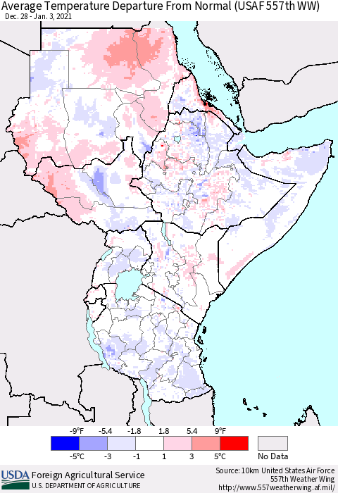 Eastern Africa Average Temperature Departure from Normal (USAF 557th WW) Thematic Map For 12/28/2020 - 1/3/2021