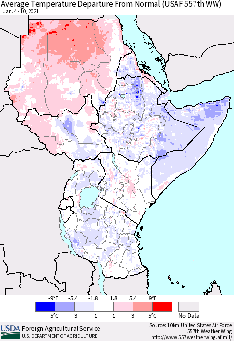 Eastern Africa Average Temperature Departure from Normal (USAF 557th WW) Thematic Map For 1/4/2021 - 1/10/2021