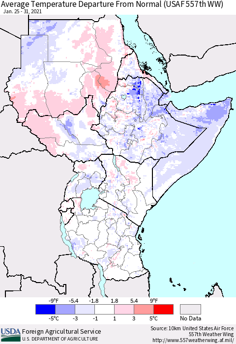 Eastern Africa Average Temperature Departure from Normal (USAF 557th WW) Thematic Map For 1/25/2021 - 1/31/2021