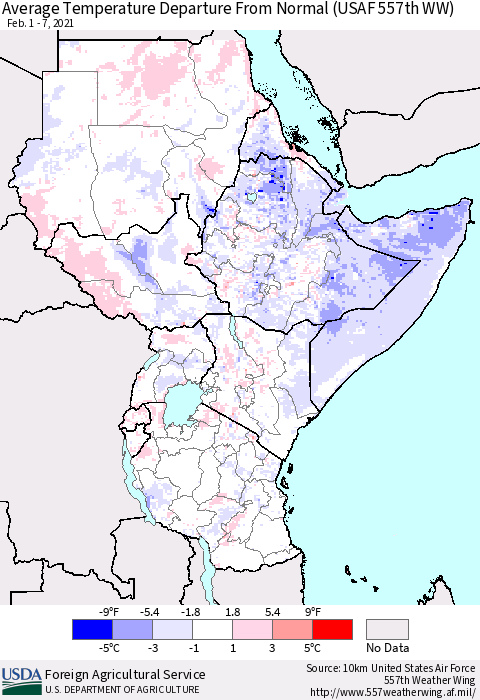 Eastern Africa Average Temperature Departure from Normal (USAF 557th WW) Thematic Map For 2/1/2021 - 2/7/2021
