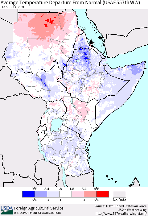 Eastern Africa Average Temperature Departure from Normal (USAF 557th WW) Thematic Map For 2/8/2021 - 2/14/2021