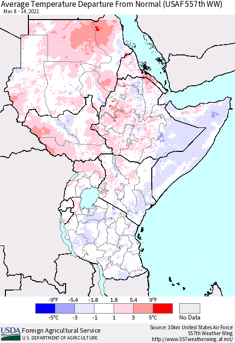 Eastern Africa Average Temperature Departure from Normal (USAF 557th WW) Thematic Map For 3/8/2021 - 3/14/2021