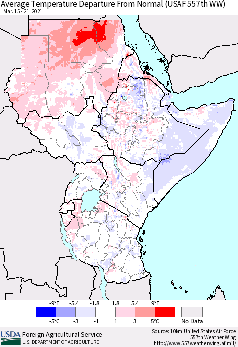 Eastern Africa Average Temperature Departure From Normal (USAF 557th WW) Thematic Map For 3/15/2021 - 3/21/2021