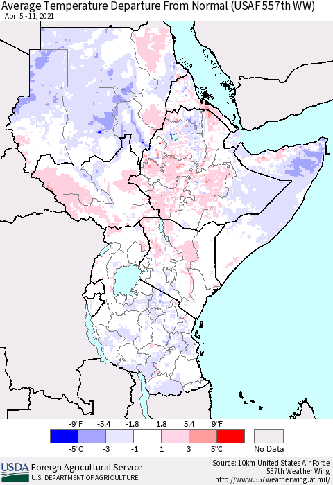 Eastern Africa Average Temperature Departure From Normal (USAF 557th WW) Thematic Map For 4/5/2021 - 4/11/2021