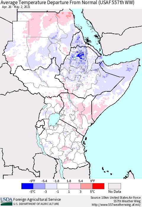 Eastern Africa Average Temperature Departure From Normal (USAF 557th WW) Thematic Map For 4/26/2021 - 5/2/2021