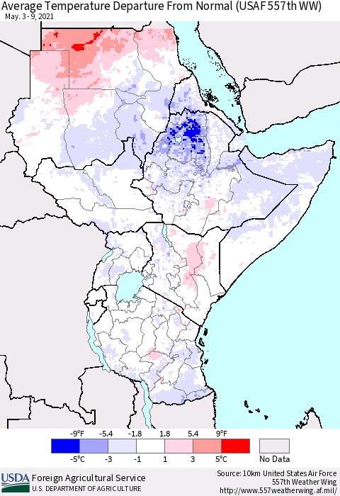 Eastern Africa Average Temperature Departure From Normal (USAF 557th WW) Thematic Map For 5/3/2021 - 5/9/2021