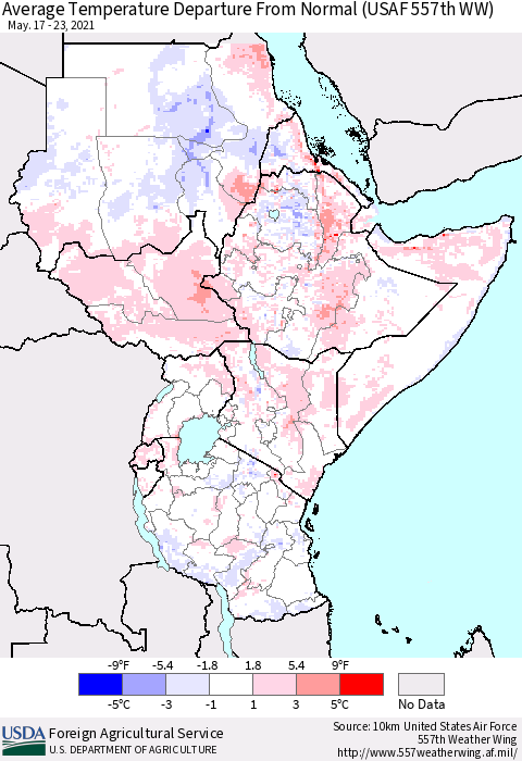 Eastern Africa Average Temperature Departure From Normal (USAF 557th WW) Thematic Map For 5/17/2021 - 5/23/2021
