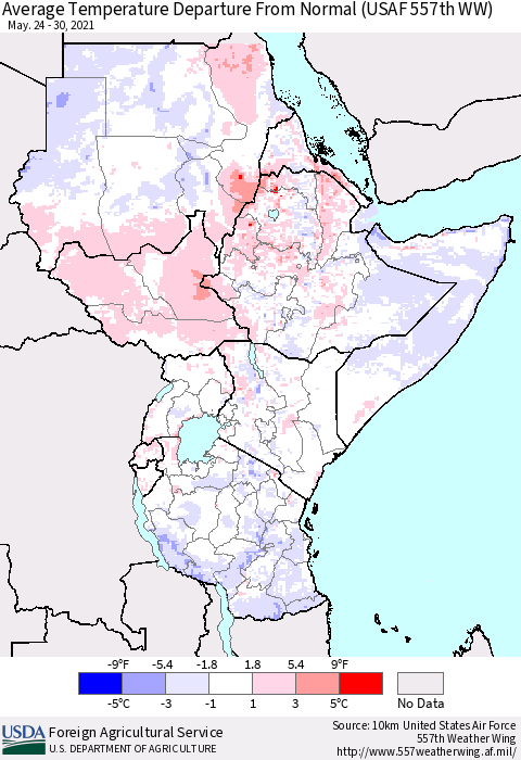 Eastern Africa Average Temperature Departure From Normal (USAF 557th WW) Thematic Map For 5/24/2021 - 5/30/2021