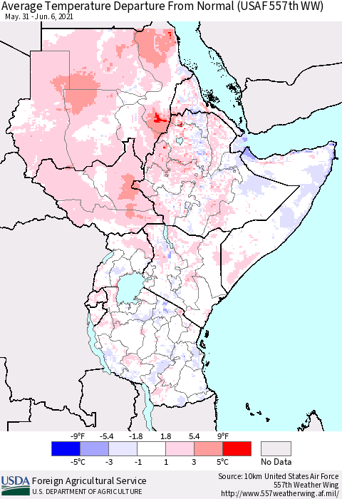Eastern Africa Average Temperature Departure From Normal (USAF 557th WW) Thematic Map For 5/31/2021 - 6/6/2021