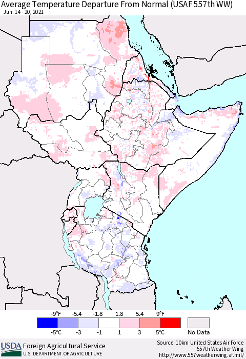 Eastern Africa Average Temperature Departure From Normal (USAF 557th WW) Thematic Map For 6/14/2021 - 6/20/2021