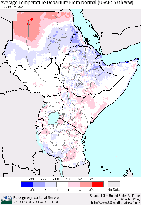 Eastern Africa Average Temperature Departure From Normal (USAF 557th WW) Thematic Map For 7/19/2021 - 7/25/2021