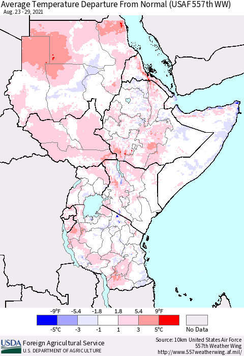 Eastern Africa Average Temperature Departure From Normal (USAF 557th WW) Thematic Map For 8/23/2021 - 8/29/2021