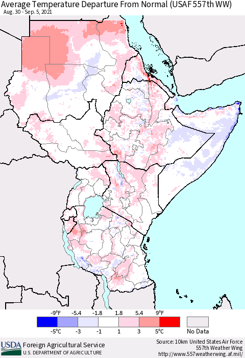 Eastern Africa Average Temperature Departure From Normal (USAF 557th WW) Thematic Map For 8/30/2021 - 9/5/2021