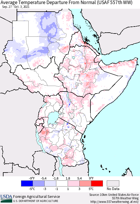 Eastern Africa Average Temperature Departure From Normal (USAF 557th WW) Thematic Map For 9/27/2021 - 10/3/2021