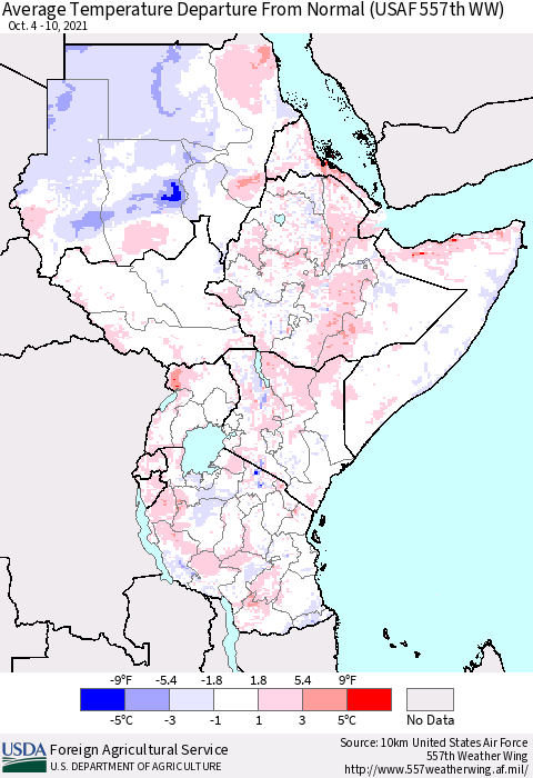 Eastern Africa Average Temperature Departure From Normal (USAF 557th WW) Thematic Map For 10/4/2021 - 10/10/2021