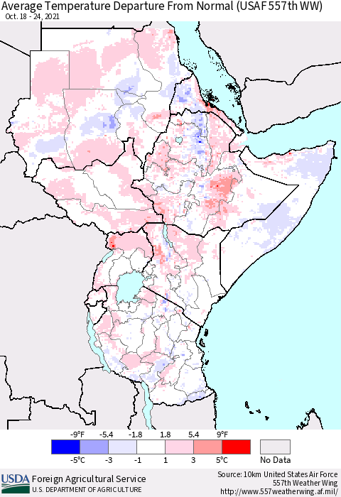 Eastern Africa Average Temperature Departure from Normal (USAF 557th WW) Thematic Map For 10/18/2021 - 10/24/2021