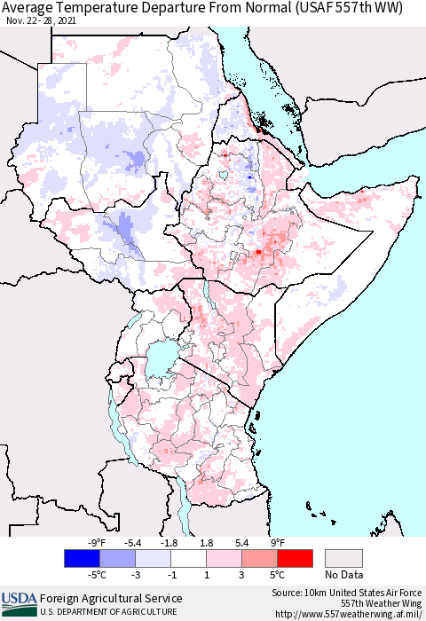 Eastern Africa Average Temperature Departure From Normal (USAF 557th WW) Thematic Map For 11/22/2021 - 11/28/2021