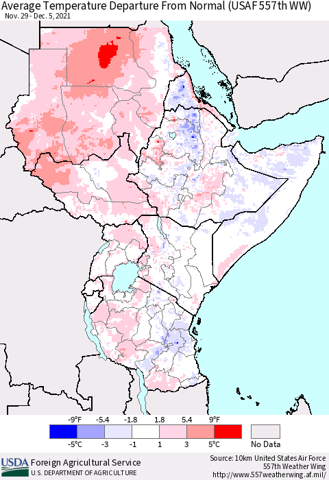 Eastern Africa Average Temperature Departure from Normal (USAF 557th WW) Thematic Map For 11/29/2021 - 12/5/2021