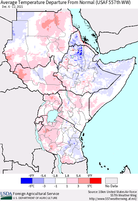 Eastern Africa Average Temperature Departure From Normal (USAF 557th WW) Thematic Map For 12/6/2021 - 12/12/2021