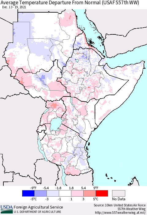 Eastern Africa Average Temperature Departure From Normal (USAF 557th WW) Thematic Map For 12/13/2021 - 12/19/2021