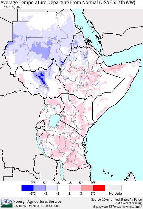 Eastern Africa Average Temperature Departure from Normal (USAF 557th WW) Thematic Map For 1/3/2022 - 1/9/2022