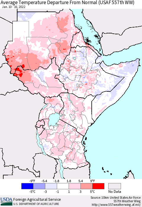 Eastern Africa Average Temperature Departure From Normal (USAF 557th WW) Thematic Map For 1/10/2022 - 1/16/2022