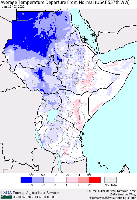 Eastern Africa Average Temperature Departure from Normal (USAF 557th WW) Thematic Map For 1/17/2022 - 1/23/2022