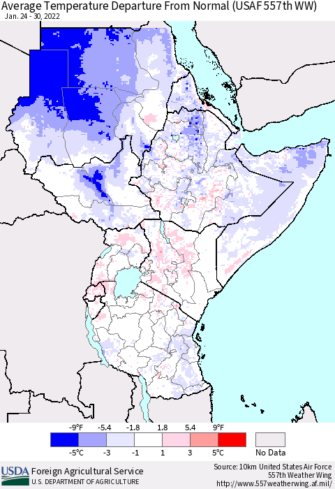 Eastern Africa Average Temperature Departure from Normal (USAF 557th WW) Thematic Map For 1/24/2022 - 1/30/2022