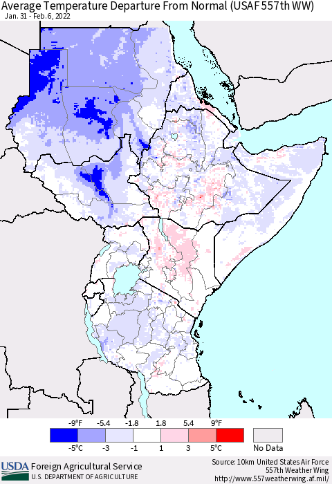 Eastern Africa Average Temperature Departure from Normal (USAF 557th WW) Thematic Map For 1/31/2022 - 2/6/2022