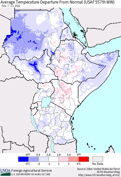 Eastern Africa Average Temperature Departure from Normal (USAF 557th WW) Thematic Map For 2/7/2022 - 2/13/2022