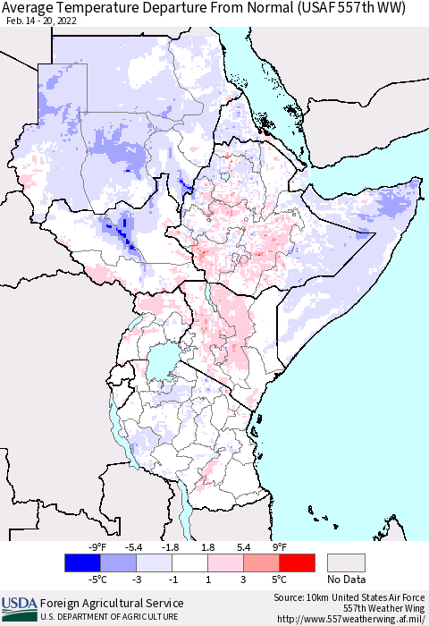 Eastern Africa Average Temperature Departure from Normal (USAF 557th WW) Thematic Map For 2/14/2022 - 2/20/2022