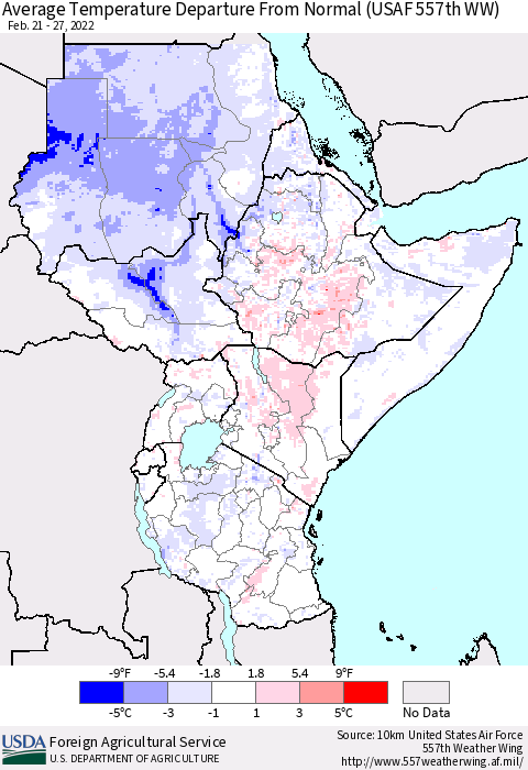 Eastern Africa Average Temperature Departure from Normal (USAF 557th WW) Thematic Map For 2/21/2022 - 2/27/2022