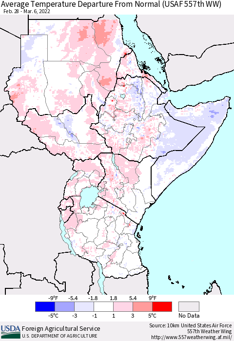 Eastern Africa Average Temperature Departure from Normal (USAF 557th WW) Thematic Map For 2/28/2022 - 3/6/2022