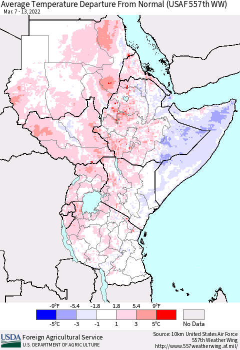 Eastern Africa Average Temperature Departure from Normal (USAF 557th WW) Thematic Map For 3/7/2022 - 3/13/2022