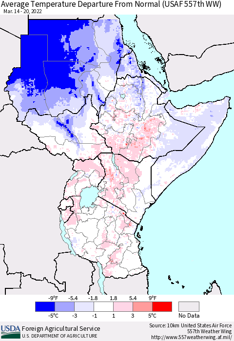 Eastern Africa Average Temperature Departure from Normal (USAF 557th WW) Thematic Map For 3/14/2022 - 3/20/2022