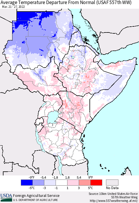 Eastern Africa Average Temperature Departure from Normal (USAF 557th WW) Thematic Map For 3/21/2022 - 3/27/2022