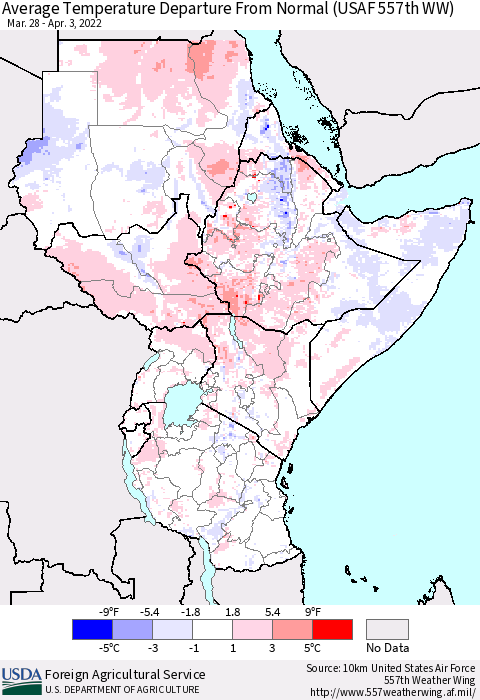 Eastern Africa Average Temperature Departure from Normal (USAF 557th WW) Thematic Map For 3/28/2022 - 4/3/2022