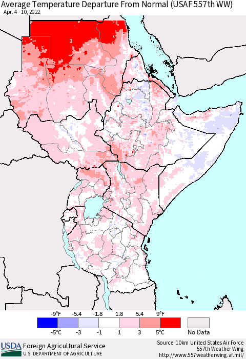 Eastern Africa Average Temperature Departure from Normal (USAF 557th WW) Thematic Map For 4/4/2022 - 4/10/2022