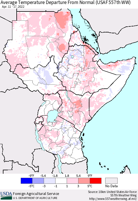 Eastern Africa Average Temperature Departure from Normal (USAF 557th WW) Thematic Map For 4/11/2022 - 4/17/2022