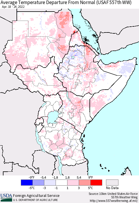 Eastern Africa Average Temperature Departure from Normal (USAF 557th WW) Thematic Map For 4/18/2022 - 4/24/2022