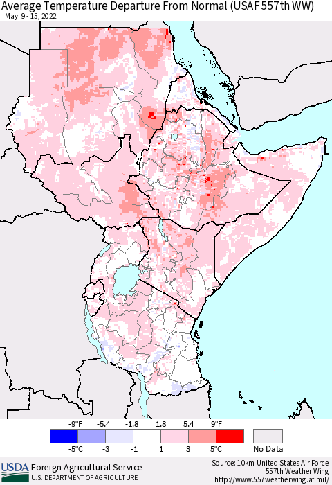 Eastern Africa Average Temperature Departure from Normal (USAF 557th WW) Thematic Map For 5/9/2022 - 5/15/2022