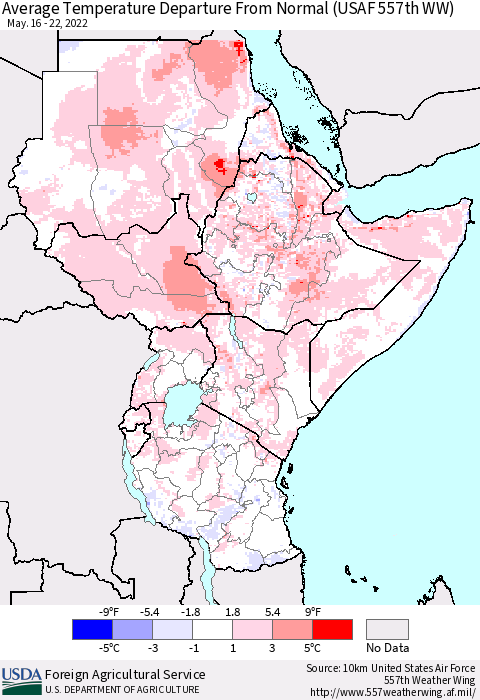 Eastern Africa Average Temperature Departure from Normal (USAF 557th WW) Thematic Map For 5/16/2022 - 5/22/2022