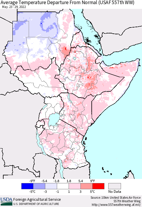 Eastern Africa Average Temperature Departure from Normal (USAF 557th WW) Thematic Map For 5/23/2022 - 5/29/2022