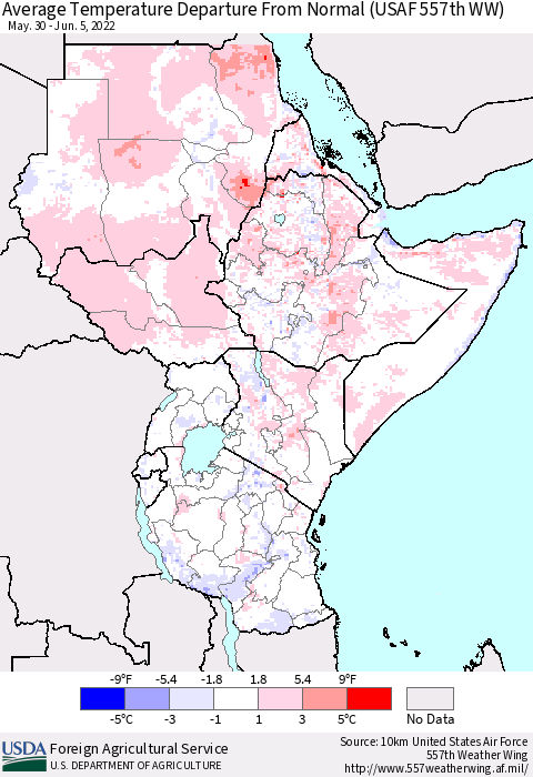 Eastern Africa Average Temperature Departure from Normal (USAF 557th WW) Thematic Map For 5/30/2022 - 6/5/2022