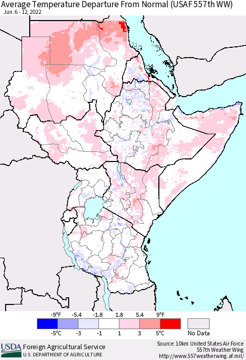 Eastern Africa Average Temperature Departure from Normal (USAF 557th WW) Thematic Map For 6/6/2022 - 6/12/2022