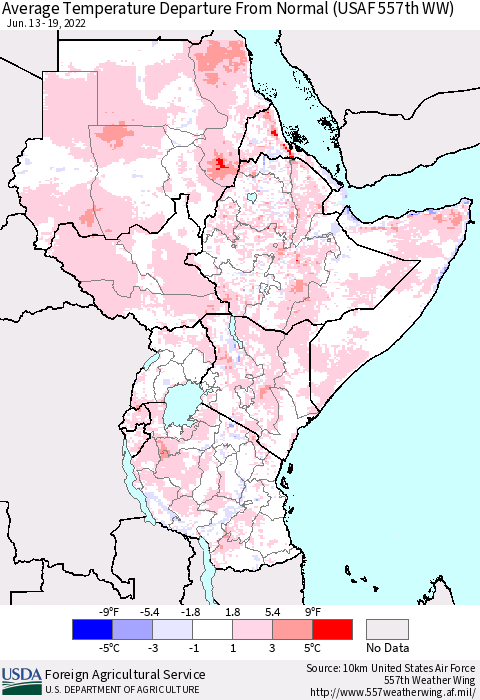 Eastern Africa Average Temperature Departure from Normal (USAF 557th WW) Thematic Map For 6/13/2022 - 6/19/2022