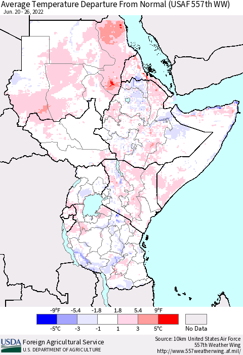 Eastern Africa Average Temperature Departure from Normal (USAF 557th WW) Thematic Map For 6/20/2022 - 6/26/2022