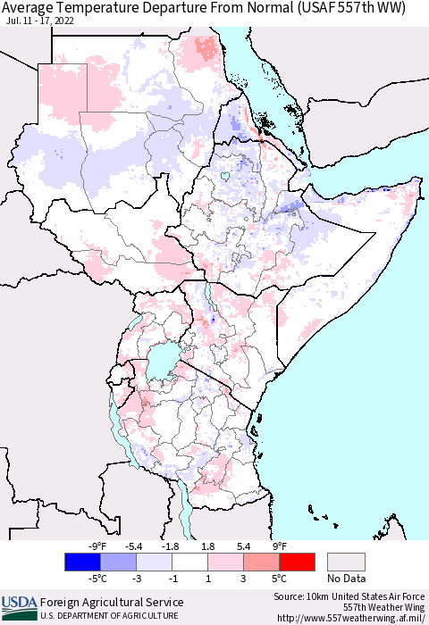Eastern Africa Average Temperature Departure from Normal (USAF 557th WW) Thematic Map For 7/11/2022 - 7/17/2022