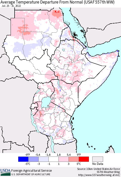 Eastern Africa Average Temperature Departure from Normal (USAF 557th WW) Thematic Map For 7/25/2022 - 7/31/2022