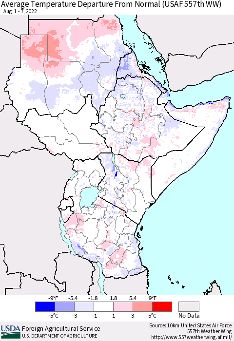 Eastern Africa Average Temperature Departure from Normal (USAF 557th WW) Thematic Map For 8/1/2022 - 8/7/2022
